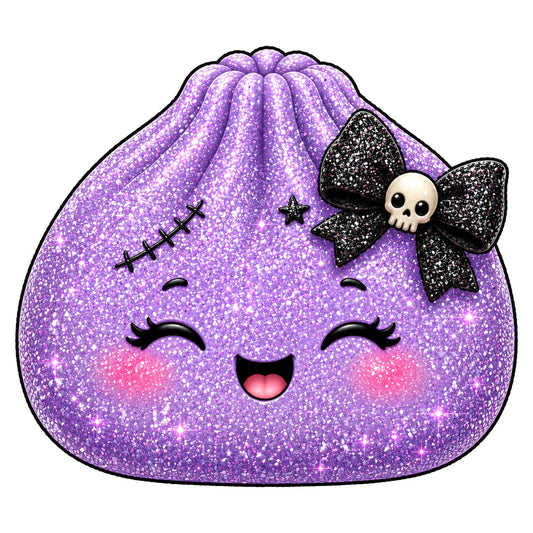 purple glitter, lavender sparkle, black glitter, cute character, kawaii, smiling face, closed eyes, stitched mouth, skull bow, gothic cute, halloween, spooky, dark whimsical, pastel goth, glitter texture, shimmery, sequin effect, character design, novelty print, goth aesthetic, halloween theme, children's fabric, playful spooky, girly goth, metallic accents, festive halloween, decorative bow, monster cute, alternative style