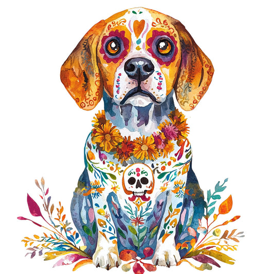 day of the dead, sugar skull, beagle, dog, mexican folk art, floral, botanical, golden yellow, orange, purple, magenta, teal blue, navy blue, white, colorful, whimsical, bohemian, artistic, decorative panel, dia de muertos, skull motifs, sunflowers, ornamental, vibrant, festive, cultural, spiritual, animal lover, pet themed, wall hanging