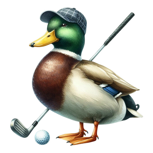 golf, golfer, duck, mallard, sports, whimsical, playful, forest green, cream, tan, brown, burgundy, navy blue, gold, orange, animals, birds, vintage, humorous, quirky, funny, novelty, male, masculine, leisure, hobby, recreational, character design, anthropomorphic, retro style