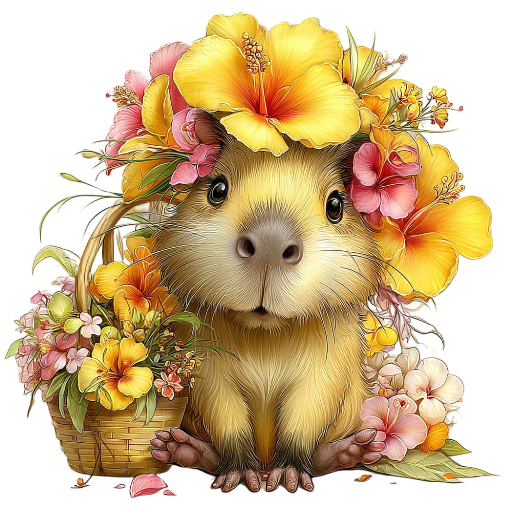 guinea pig, cute animal, floral, yellow, pink, coral, cream, tan, brown, spring, summer, whimsical, woodland creature, nature, hibiscus, flowers, basket, botanical, illustration, children's, baby, playful, soft pastel, garden, rustic, folk art, charming, decorative, wall hanging