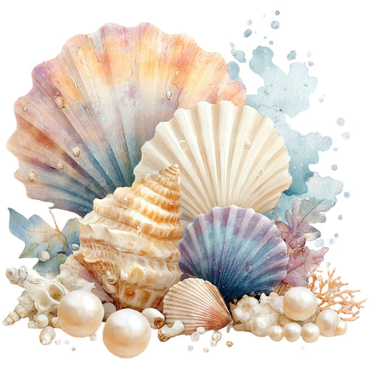 seashells, pearls, ocean, coastal, nautical, watercolor, shells, beige, cream, ivory, blush pink, dusty rose, sage green, teal, lavender, purple, coral, iridescent, beach, seaside, elegant, whimsical, botanical, aquatic, summer, tropical, bohemian, wall hanging, home decor, soft pastels