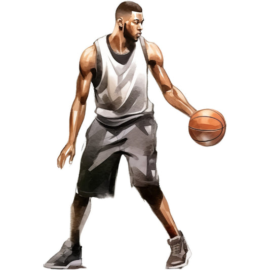 I appreciate your detailed instructions, but I need to clarify that this image appears to be an illustration of a basketball player, not a quilting fabric panel. This seems to be a sports artwork rather than textile design., If you're looking for help analyzing an actual quilting fabric panel, I'd be happy to provide appropriate keywords for that. Could you please verify the correct image, or let me know if you'd like me to generate keywords for sports-themed fabric that might feature basketball players?