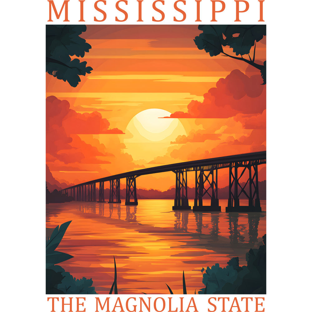 mississippi, magnolia state, sunset, bridge, railroad bridge, orange, yellow, red, warm colors, water reflection, silhouette, trees, foliage, clouds, dramatic sky, southern landscape, fabric panel, quilting cotton, travel poster style, vintage illustration, river scene