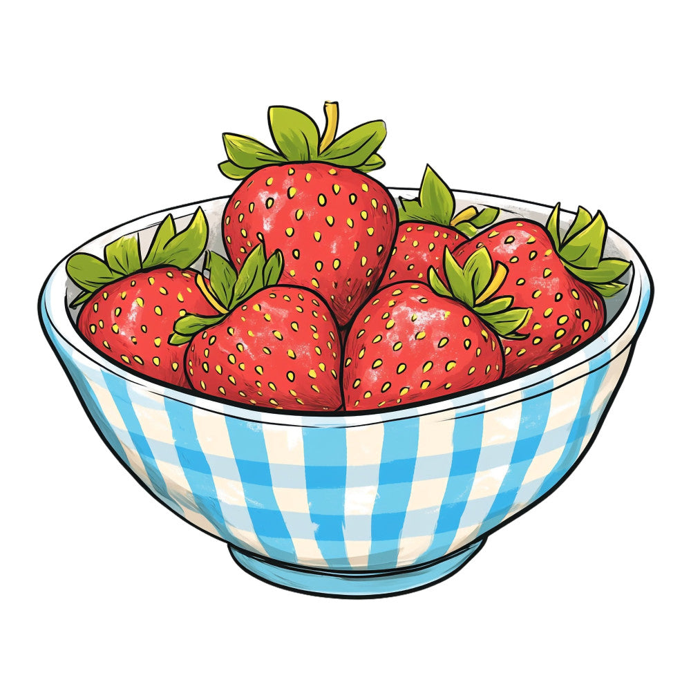 strawberry, red, sky blue, cream, yellow, gingham, checkered, plaid, fruit, berries, farmhouse, kitchen, vintage, rustic, whimsical, charming, spring, summer, produce, picnic, country, cottage core, garden, fresh, natural, illustrated, bowl, checked pattern, classic style