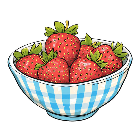strawberry, red, sky blue, cream, yellow, gingham, checkered, plaid, fruit, berries, farmhouse, kitchen, vintage, rustic, whimsical, charming, spring, summer, produce, picnic, country, cottage core, garden, fresh, natural, illustrated, bowl, checked pattern, classic style