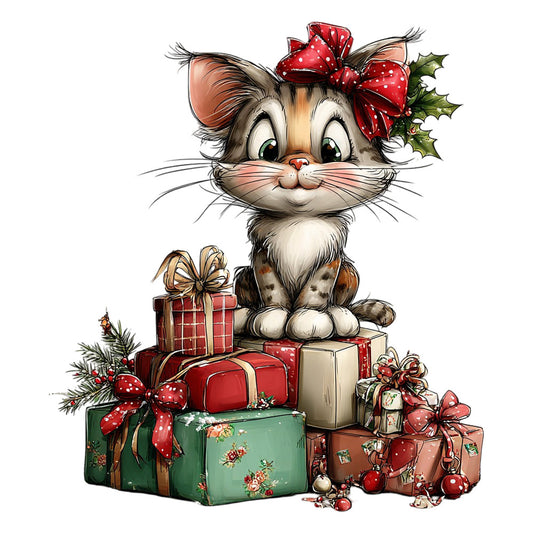 christmas cat, holiday kitten, festive feline, red bow, holly leaves, gift boxes, presents, cream white, forest green, burnt orange, red polka dot, vintage christmas, whimsical animal, cute cat, seasonal decoration, christmas decoration, holiday gift, traditional christmas, retro style, cat lover, animal motif, ribbon bow, wrapped presents, christmas ornaments, festive theme, winter holiday, cheerful design, children's panel, nursery decor, wall hanging