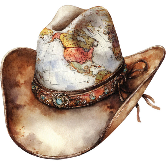 cowboy hat, map, globe, geography, world map, western, adventure, travel, exploration, brown, tan, cream, ivory, rust, coral, turquoise, vintage, steampunk, whimsical, eccentric, curious, wanderlust, explorer, novelty, decorative, wall hanging, unique, conversation starter, retro aesthetic, antique style