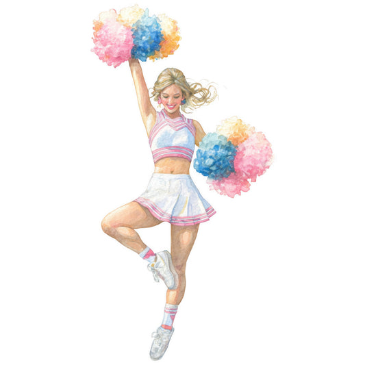 cheerleader, pom poms, pastel pink, sky blue, soft yellow, cream white, colorful, whimsical, playful, sporty, athletic, dance, cheerleading, youth, energetic, dynamic, illustration, watercolor, figurative, girl power, female athlete, motivational, uplifting, modern, contemporary, fun, vibrant multi-color, novelty print, sports themed, stripe accents