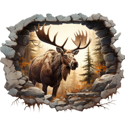 moose, antlers, wildlife, brown, tan, gray, stone, rocky, forest, pine trees, autumn, orange foliage, breaking through, 3d effect, realistic, nature scene, fabric panel, quilting cotton, wilderness, majestic, outdoor, hunting theme