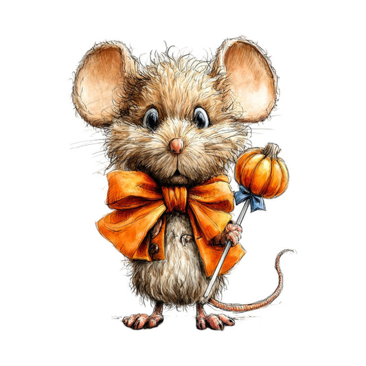 cute mouse, adorable animal, autumn orange, burnt orange, cream, tan, beige, pumpkin, fall harvest, whimsical, children's, baby, woodland creature, bow tie, seasonal, thanksgiving, halloween, nursery, storybook illustration, sweet character, playful, charming, pumpkin motif, ribbon bow, fall décor, decorative panel, character design, vintage inspired, folk art style