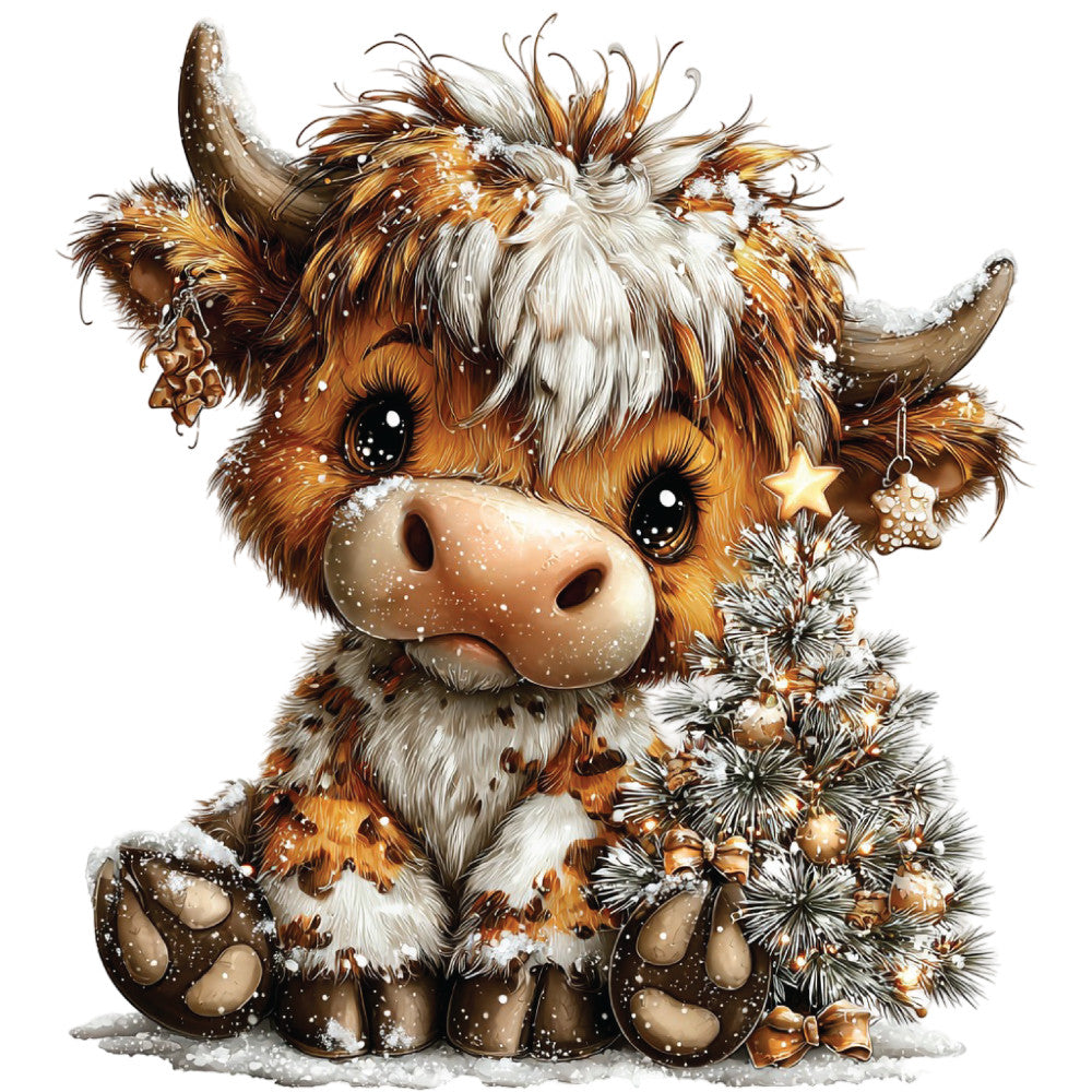christmas highland cow, fabric panel, winter scene, brown fur, white markings, curved horns, festive decorations, christmas tree, snowflakes, golden ornaments, copper tones, cream colors, sitting pose, big eyes, fluffy texture, holiday theme, quilting panel, cotton fabric, seasonal design, winter wonderland
