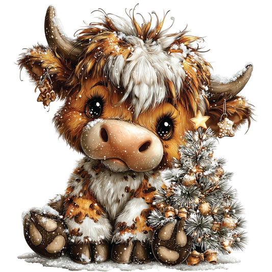 christmas highland cow, fabric panel, winter scene, brown fur, white markings, curved horns, festive decorations, christmas tree, snowflakes, golden ornaments, copper tones, cream colors, sitting pose, big eyes, fluffy texture, holiday theme, quilting panel, cotton fabric, seasonal design, winter wonderland