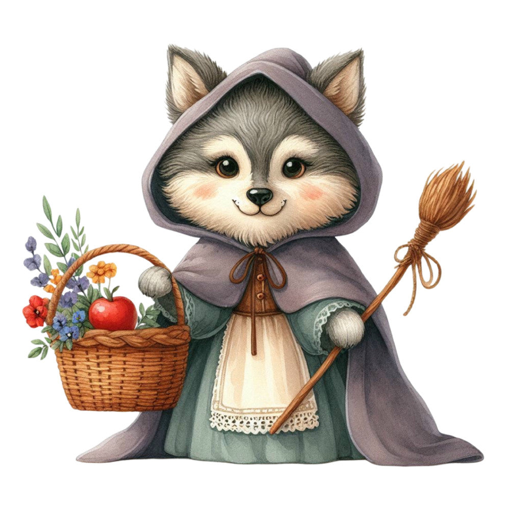 cute woodland animal, raccoon, gray and white, sage green, dusty purple, mauve, whimsical, storybook illustration, fairy tale, vintage inspired, cottage core, farmhouse, nursery, children's, flowers, basket, apron, country, folk art, rustic, charming, character panel, adorable, pastoral, nature themed, spring, lace trim, flowers and vegetables, picnic basket, sweet