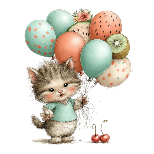 cute kitten, mint green, coral pink, sage green, pastel colors, soft colors, whimsical, playful, animals, cat, balloons, fruits, strawberries, kiwi, cherries, floral, flowers, peach, cream, polka dots, children's, baby, nursery, sweet, charming, illustration, watercolor style, spring, summer, adorable