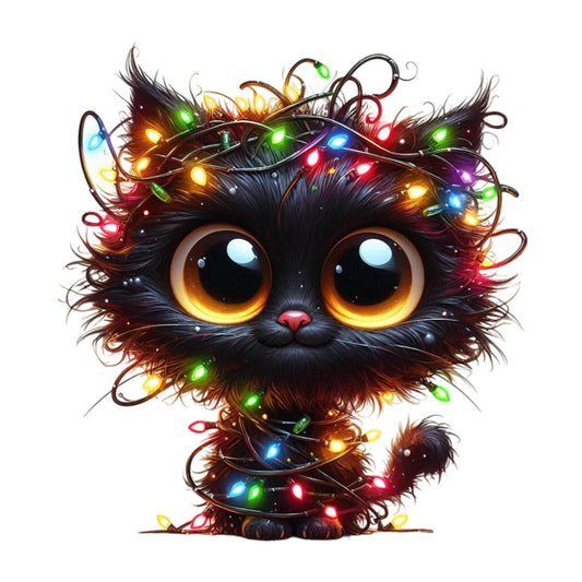 black cat, golden yellow eyes, colorful lights, christmas lights, holiday, festive, whimsical, cute, adorable, kitten, pet, animal, dark black, warm gold, bright red, emerald green, sky blue, orange glow, multicolor, string lights, magical, playful, winter holiday, cheerful, decorative, cat lover, festive season, glowing lights, charming, quirky