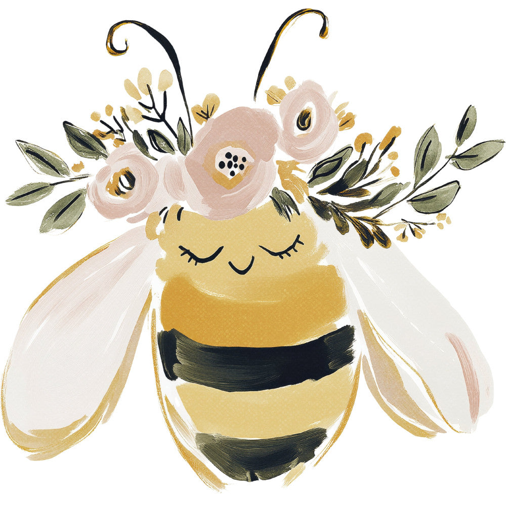 bee, honey bee, floral, flowers, botanical, nature, animals, insects, whimsical, gold, yellow, black, cream, dusty rose, blush pink, sage green, olive green, modern, contemporary, spring, summer, cheerful, playful, cute, decorative, illustration, watercolor, botanical illustration, garden, pollinator