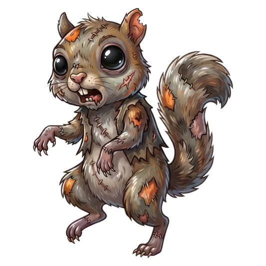 zombie squirrel, undead animal, stitched creature, halloween, spooky, creepy, whimsical, cartoonish, cute monster, brown, tan, beige, orange accents, rust orange, needle and thread details, stitches, patches, torn fabric look, rodent, woodland creature, playful horror, kid-friendly scary, autumn, fall, novelty print, character design, decorative panel, wall hanging, children's fabric, quirky