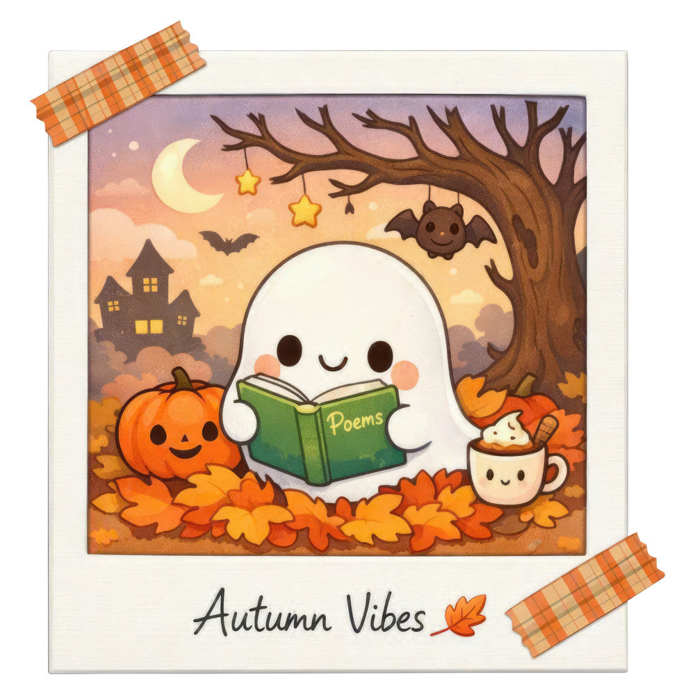 autumn vibes, fall, ghost, pumpkin, spooky, halloween, cute, whimsical, children's, kids, orange, cream, green, warm tones, seasonal, cozy, haunted house, bats, stars, moon, tree, leaves, fall foliage, reading, books, poetry, hot chocolate, mug, plaid, festive