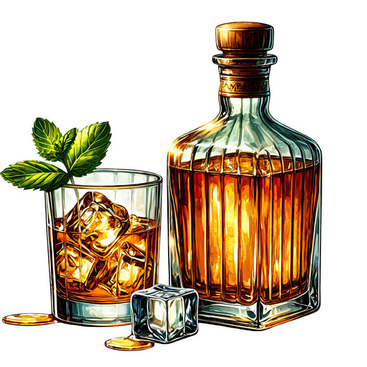 whiskey bottle, cocktail glass, amber, golden brown, deep brown, mint green, ice cubes, spirits, liquor, alcohol, beverages, bar, elegant, sophisticated, vintage, masculine, adult, botanical, mint leaves, illustration, detailed, realistic, home decor, wall art, bar room decor, man cave, whiskey lover, cocktail themed, botanical elements