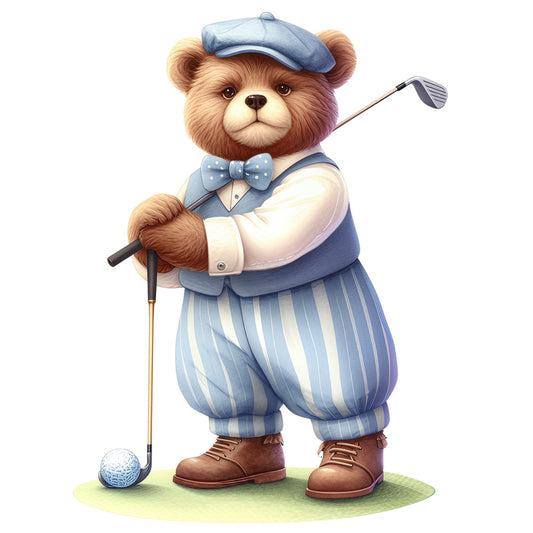 light blue, cream, brown, tan, golf, teddy bear, bear, animals, whimsical, vintage, retro, character, cute, children, boys, striped, pinstriped, sports, leisure, gentleman, bow tie, cap, boots, playful, nursery, baby, character panel, storybook, illustrative, charming