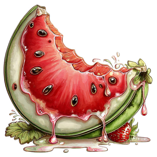 watermelon, bright red, fresh green, cream, summer, fruit, nature, whimsical, playful, fun, food, botanical, strawberry, seeds, juicy, dripping, realistic, detailed, illustration, artistic, novelty, children's, vibrant, garden, harvest, spring, cute, quirky
