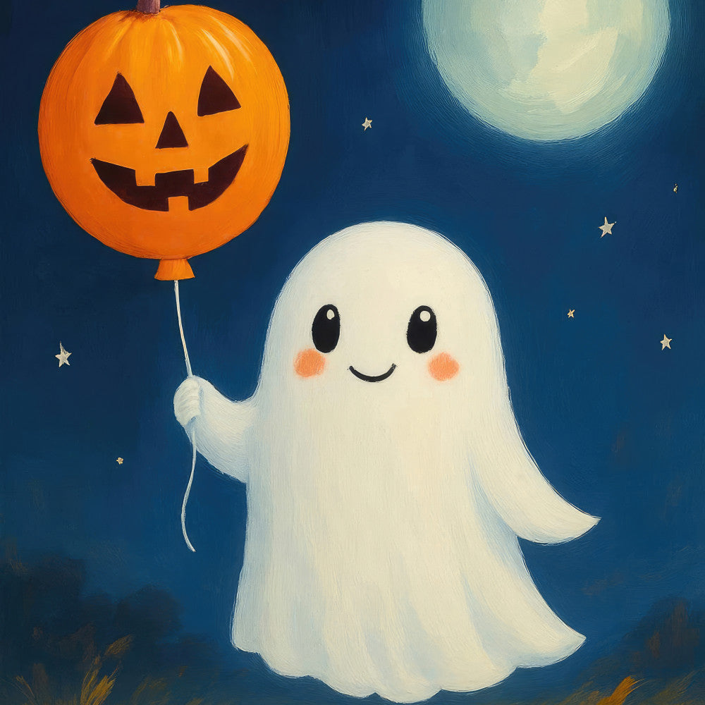 halloween, ghost, pumpkin, jack-o-lantern, cute, whimsical, moon, stars, night sky, dark blue, navy blue, cream, orange, black, cheerful, friendly, spooky, festive, autumn, fall, children, kids, playful, celestial, nighttime, holiday, decoration, baby quilt, wall hanging