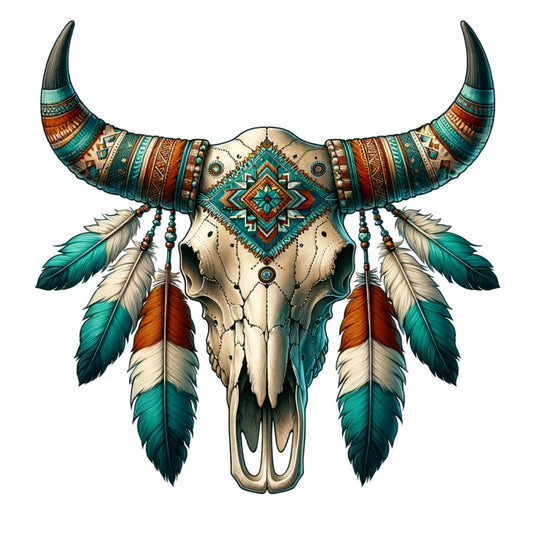 turquoise, orange, cream, teal, rust, geometric patterns, tribal designs, bull skull, feathers, southwestern style, native american inspired, decorative beadwork, diamond motifs, bohemian, fabric panel, quilting cotton, spiritual symbols, western theme, desert colors, ethnic art