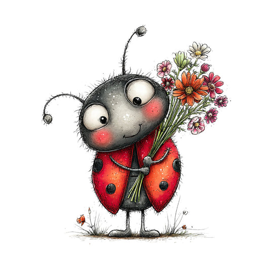 ladybug, red, black, gray, charcoal, coral pink, orange, wildflowers, daisies, bouquet, nature, insects, whimsical, cute, children's, baby, spring, summer, animals, garden, cheerful, playful, illustration, artistic, folk art, kawaii, hygge, innocent, endearing, sweet