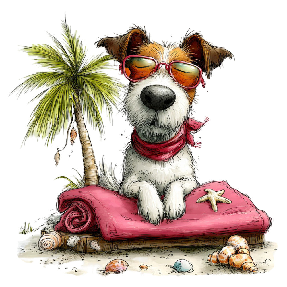 beach dog, tropical vacation, cool sunglasses, pink bandana, summer, palm tree, sandy beach, starfish, seashells, whimsical, fun, playful, cartoon style, coral pink, burnt orange, golden brown, white, cream, navy, nature, animals, dogs, pets, beach theme, coastal, relaxed, cheerful, illustration art, kids, children