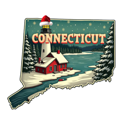 Christmas US States Fabric Panel 44 featuring Connecticut with a snowy lighthouse scene and festive holiday hat design.