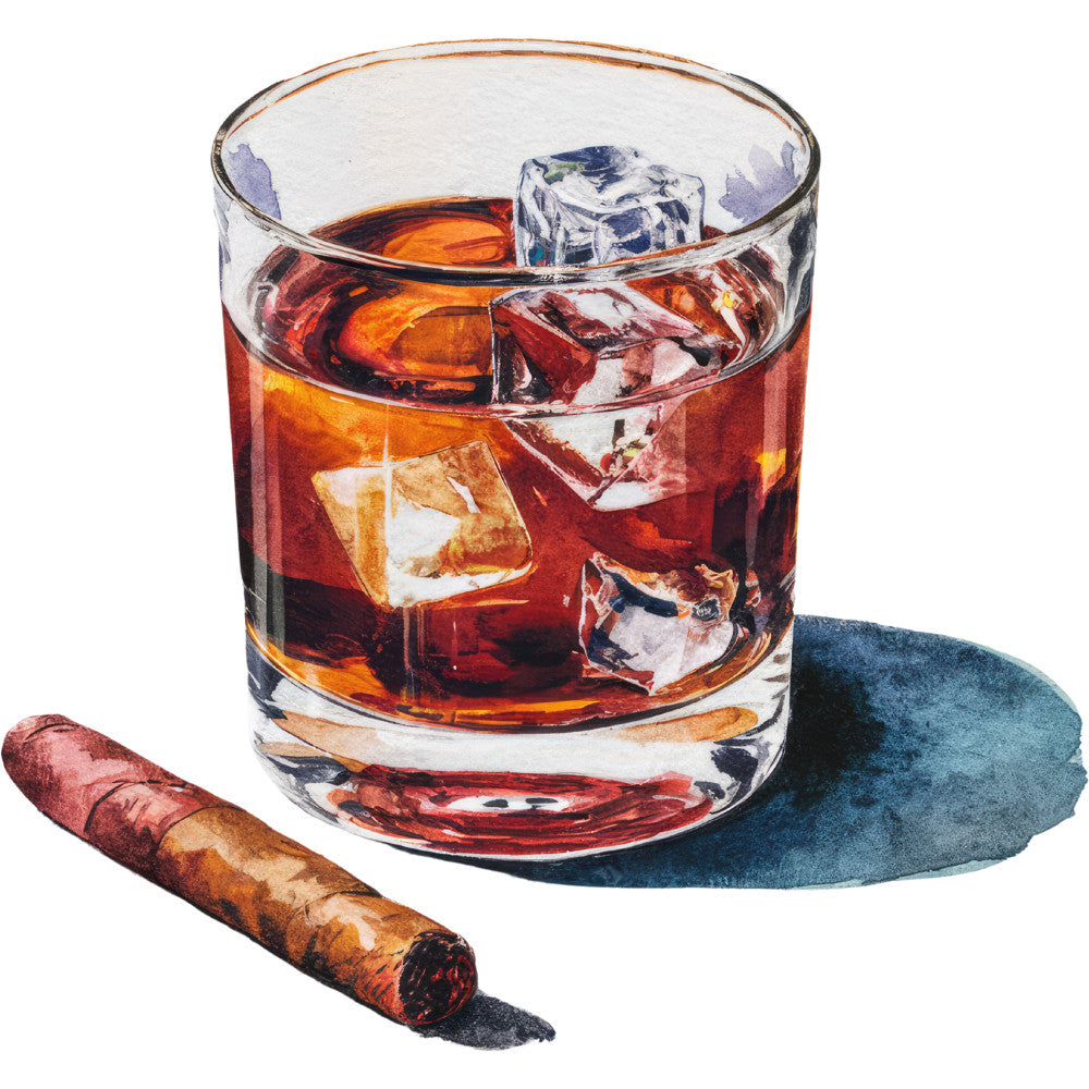 watercolor, whiskey glass, amber liquid, ice cubes, cigar, tobacco, crystal glass, brown tones, orange hues, blue shadow, realistic illustration, masculine theme, smoking accessories, alcoholic beverage, fabric panel, detailed artwork, rich colors, sophisticated design, casino theme, luxury items