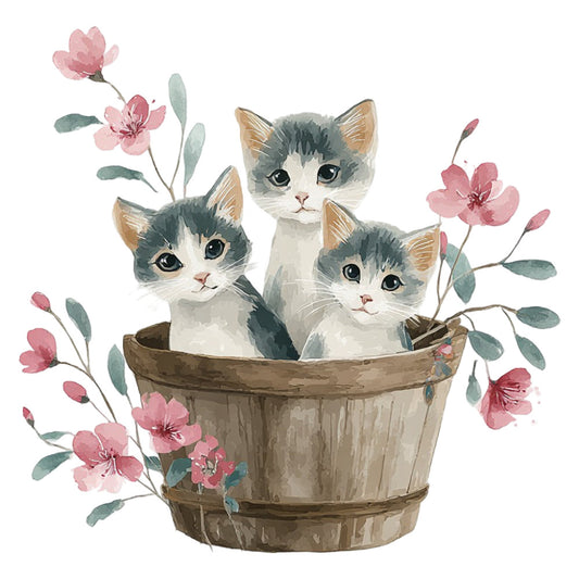 kittens, cats, floral, pink flowers, gray and white, dusty rose, sage green, tan, wooden basket, nature, whimsical, sweet, charming, spring, delicate flowers, animals, botanical, rustic, cottage core, gentle, soft colors, baby animals, cute, illustrated, watercolor style, spring florals, garden theme, children's, nursery, elegant whimsy