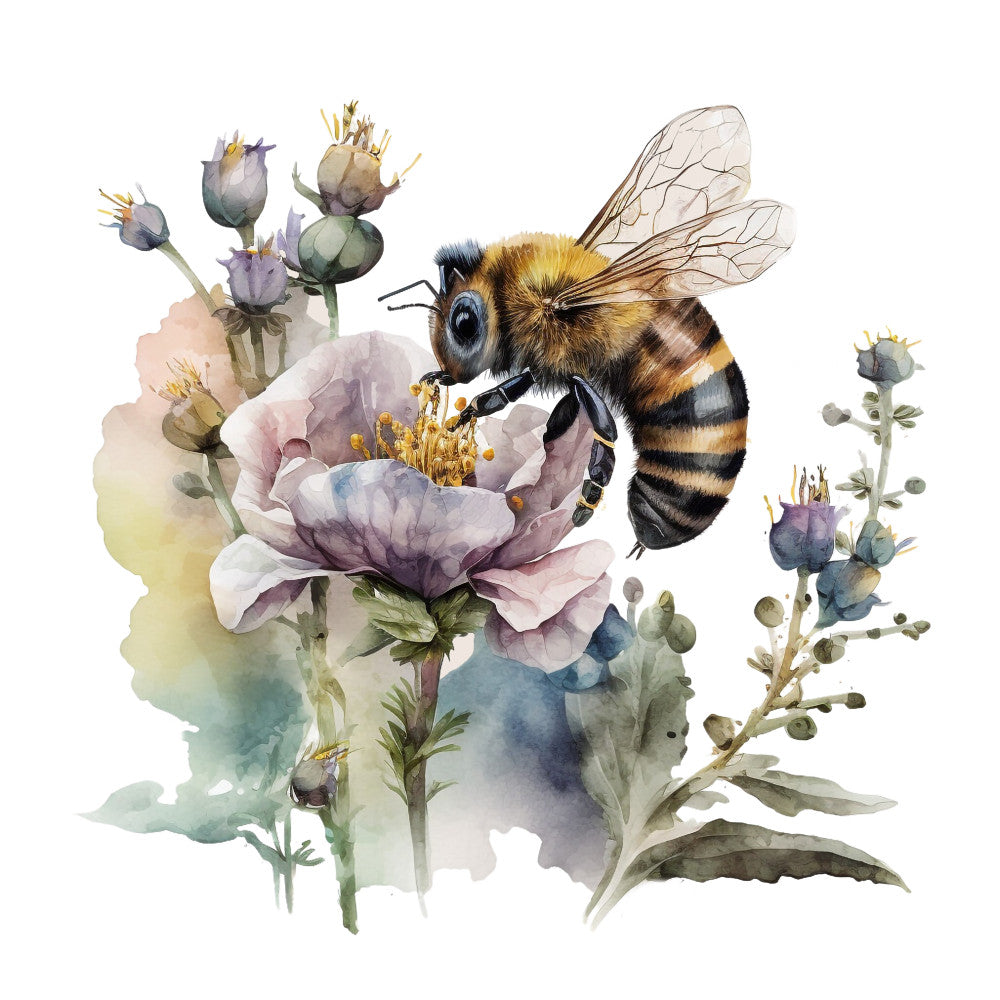 honey bee, watercolor style, floral botanical, lavender purple, sage green, golden yellow, black stripes, fabric panel, quilting cotton, nature theme, pollinator, spring flowers, soft pastels, realistic illustration, garden scene, bee wings, flower petals, organic design, natural elements