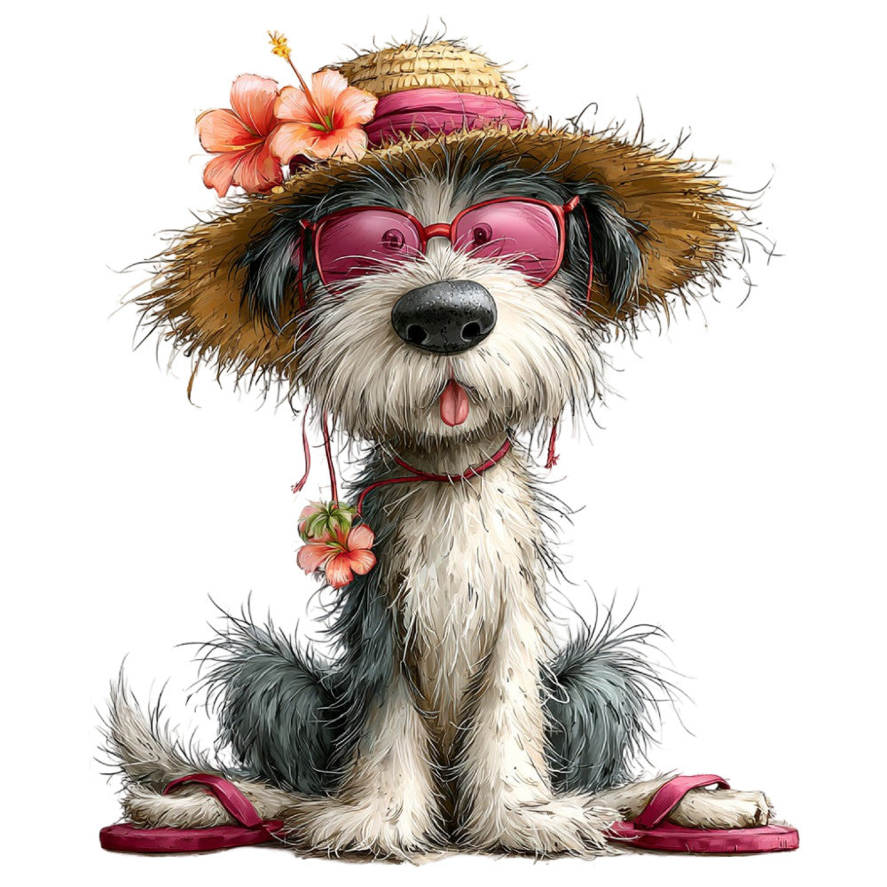 dog, puppy, animals, whimsical, cute, playful, magenta, pink, burgundy, brown, cream, white, floral, hibiscus, flowers, sunglasses, fashion, trendy, summer, spring, fun, quirky, humorous, character, children, kids, novelty, illustrated, artistic, colorful
