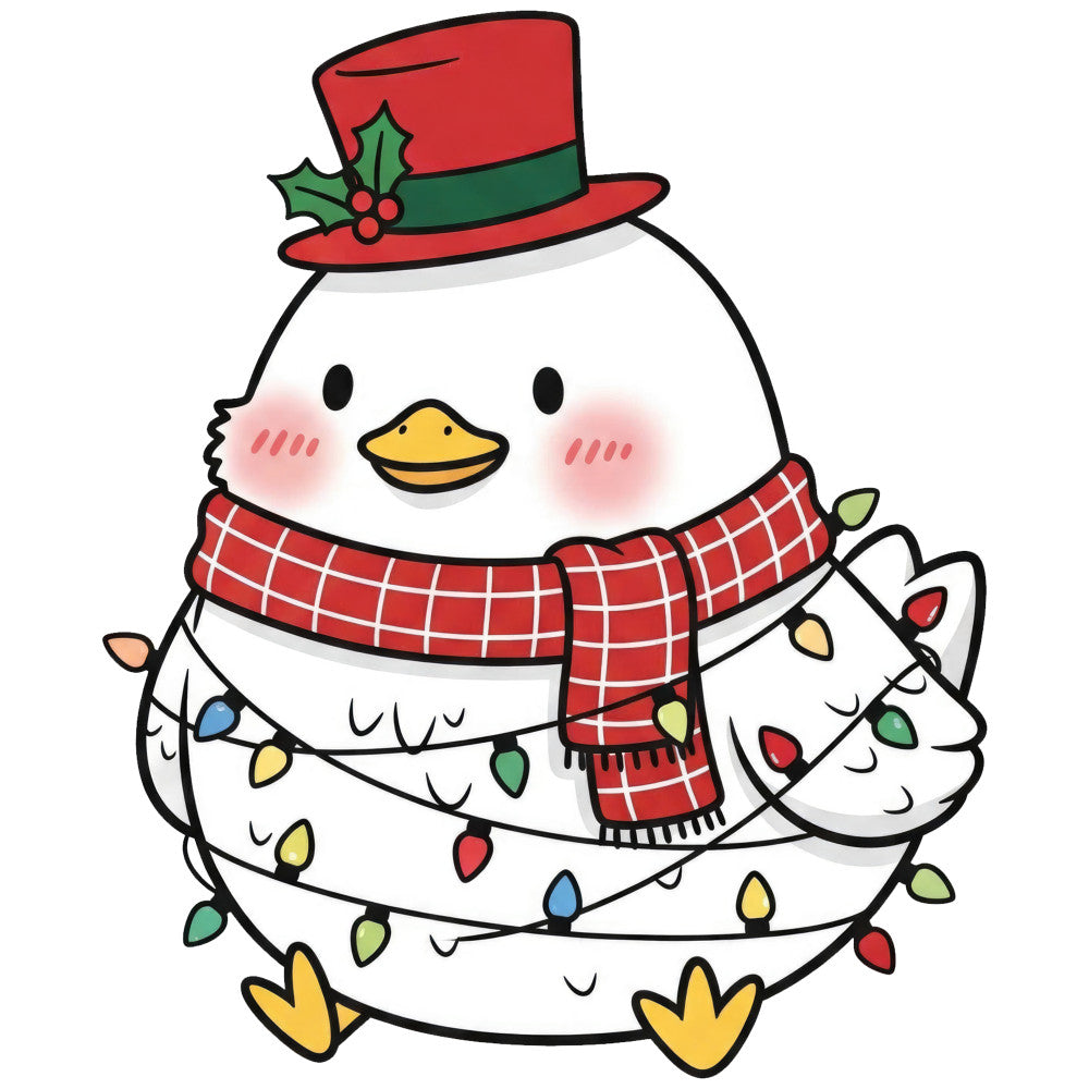 snowman, christmas, holiday, winter, red, white, yellow, gold, green, festive, cute, whimsical, cheerful, bird, duck, top hat, scarf, plaid, checkered, string lights, colorful lights, retro, vintage, traditional, seasonal, children's, playful, joy, merry