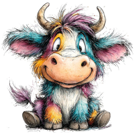 multicolor, turquoise, magenta, golden yellow, coral pink, purple, whimsical, cute, animal, cow, highland cattle, bull, colorful hair, playful, children's, cartoon style, modern art, vibrant, rainbow, quirky, illustration, character, farm animal, smiling face, expressive eyes, horns, textile art, decorative panel, nursery, kids fabric