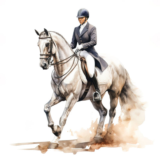 equestrian, horse riding, dressage, english riding, sport horse, cream horse, gray horse, navy blue jacket, charcoal gray, cream white, tan brown, dust watercolor, elegant, sophisticated, traditional, classic, equine, rider portrait, animal lover, horse enthusiast, western wear, riding apparel, country style, farmhouse, vintage sport, equestrian sports, detailed illustration, watercolor effect, neutral tones, lifestyle fabric