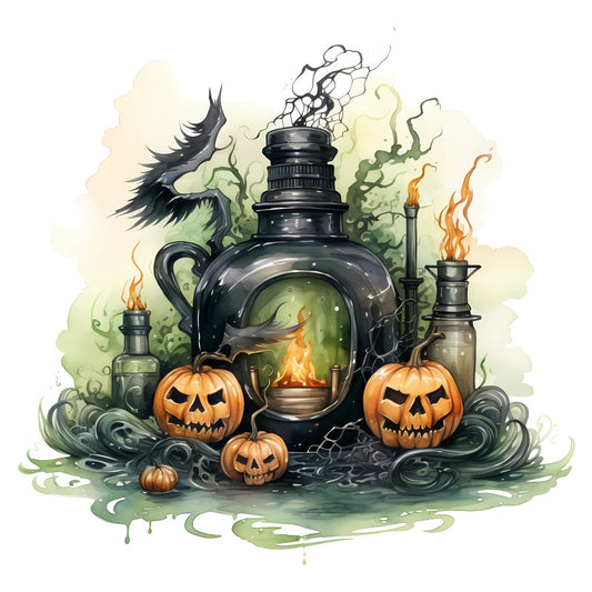 halloween, autumn, fall, orange pumpkins, jack-o-lantern, witchy, spooky, cauldron, potion, green smoke, black crow, raven, flames, fire, orange, black, forest green, cream, beige, whimsical, gothic, magical, dark fantasy, horror, seasonal, holiday, decorative, enchanted, mystical, pumpkin patch
