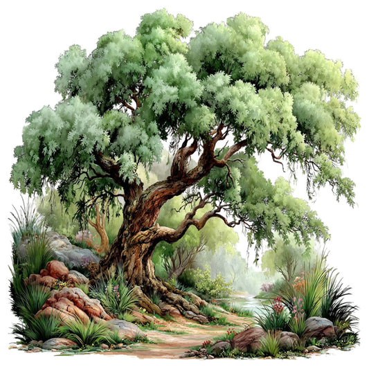 sage green, olive green, cream, tan, brown, terracotta, rust, nature, trees, landscape, botanical, willow tree, weeping willow, scenic, pastoral, waterside, stream, rocks, foliage, whimsical, rustic, traditional, peaceful, serene, woodland, garden, natural, earth tones, wall hanging, nature lover