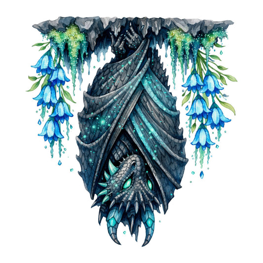 fantasy dragon, mythical creature, cave dwelling, bioluminescent, glowing eyes, turquoise, teal, cyan, deep blue, charcoal gray, slate gray, silver, luminescent green, hanging flowers, bell flowers, blue flowers, fantasy art, magical, whimsical, dark fantasy, gothic, celestial, mystical, dragon design, cave formation, stalactites, glowing accents, fantasy illustration, dark magic, enchanted