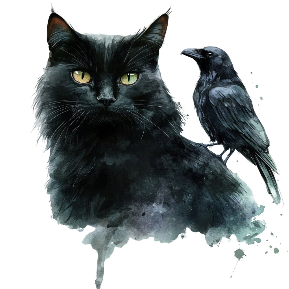 black cat, yellow eyes, bird, crow, raven, watercolor, abstract, animal art, nature themed, modern art, elegent, sophisticated, dark colors, charcoal black, slate gray, teal accents, ink wash, splatter design, artistic, contemporary, cat lover, bird lover, wildlife, gothic style, mystical, dual subject, mixed media, illustration style, monochromatic, artistic panel