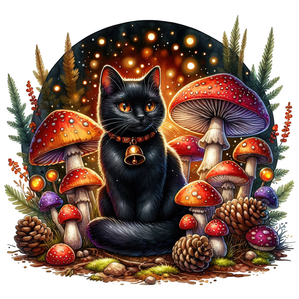 black cat, mushroom, toadstool, red mushroom, golden lights, glowing orbs, ferns, pinecones, forest green, deep red, burgundy, orange, purple, golden yellow, whimsical, mystical, magical, celestial, woodland, autumn, fall, nature, animals, fantasy, enchanted forest, witch aesthetic, cottagecore, boho, botanical, ethereal