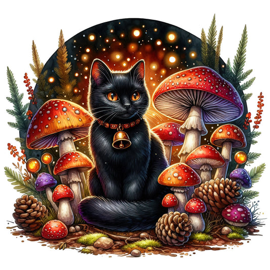 black cat, mushroom, toadstool, red mushroom, golden lights, glowing orbs, ferns, pinecones, forest green, deep red, burgundy, orange, purple, golden yellow, whimsical, mystical, magical, celestial, woodland, autumn, fall, nature, animals, fantasy, enchanted forest, witch aesthetic, cottagecore, boho, botanical, ethereal
