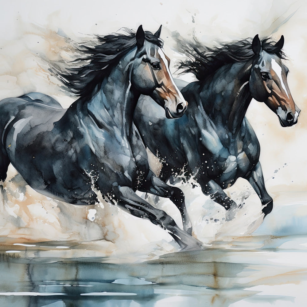 horses, dark gray, charcoal, slate blue, navy blue, cream, beige, watercolor, abstract, animals, equestrian, running horses, wildlife, nature, contemporary, artistic, elegant, modern, splashing water, dynamic, movement, strength, power, horse lovers, farm, ranch, western, decorative, wall hanging, home decor