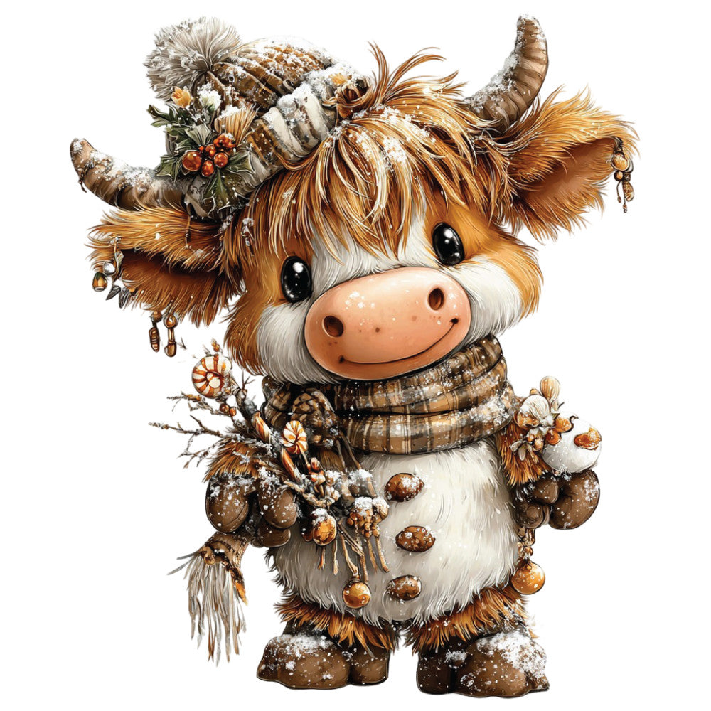 christmas highland cow, fabric panel, winter cow, brown fur, orange hair, festive decorations, pine cones, berries, winter scarf, snow flakes, cute animal, holiday themed, quilting panel, cotton fabric, rustic christmas, woodland creature, adorable cow, seasonal design, crafting material, sewing project