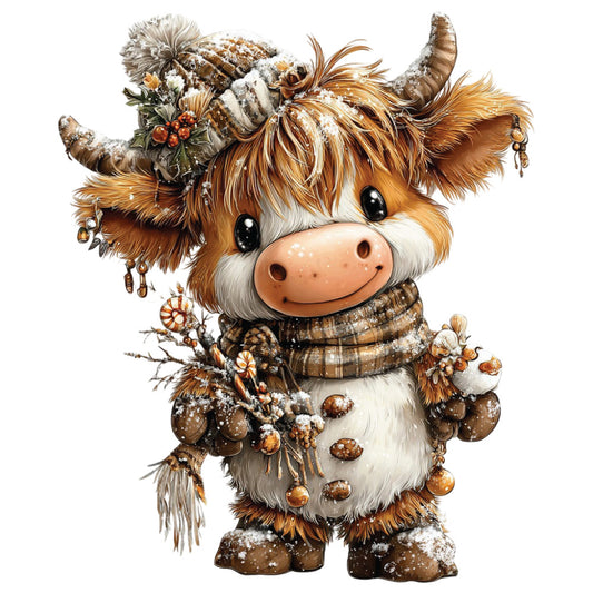 christmas highland cow, fabric panel, winter cow, brown fur, orange hair, festive decorations, pine cones, berries, winter scarf, snow flakes, cute animal, holiday themed, quilting panel, cotton fabric, rustic christmas, woodland creature, adorable cow, seasonal design, crafting material, sewing project