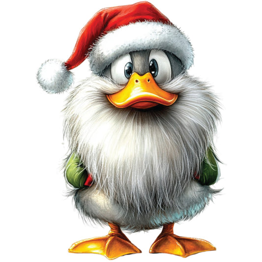 red, white, orange, green, gray, duck, santa hat, beard, christmas, holiday, whimsical, cartoon style, fabric panel, quilting cotton, festive, winter, cute character, orange feet, fluffy beard, seasonal design