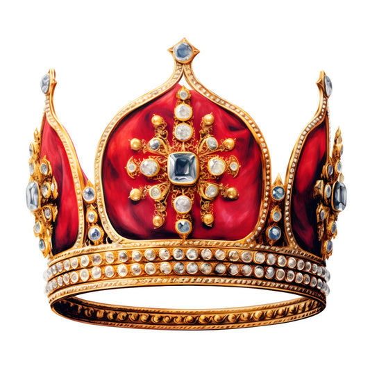 royal crown, red velvet, gold ornamental, sapphire blue, pearl white, jeweled embellishment, regal, luxury, ornate, cross motif, gemstone, elegant, traditional, royal, crown jewels, precious stones, vintage, majestic, decorative, heraldic, regalia, formal wear, special occasion, metallic gold, red fabric, ornamental design, stately, imperial, historical