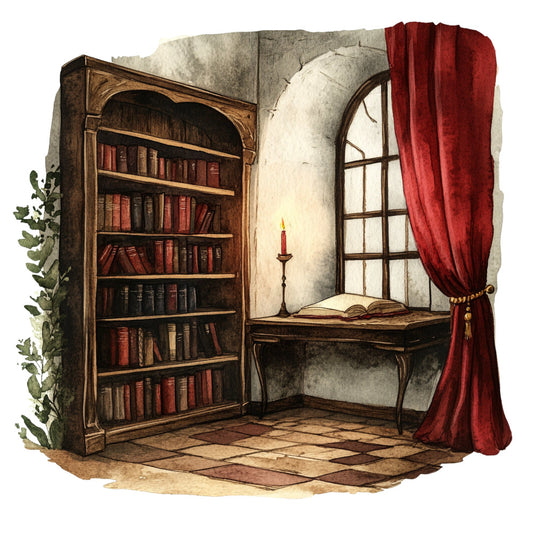 vintage library, burgundy red, cream, beige, tan, brown, literary, books, bookshelf, candlelit, classical, elegant, traditional, rustic, gothic, antique, window scene, arched window, red curtains, velvet, ornate furniture, reading nook, study room, knowledge, wisdom, old world, steampunk, victorian, architectural, interior design