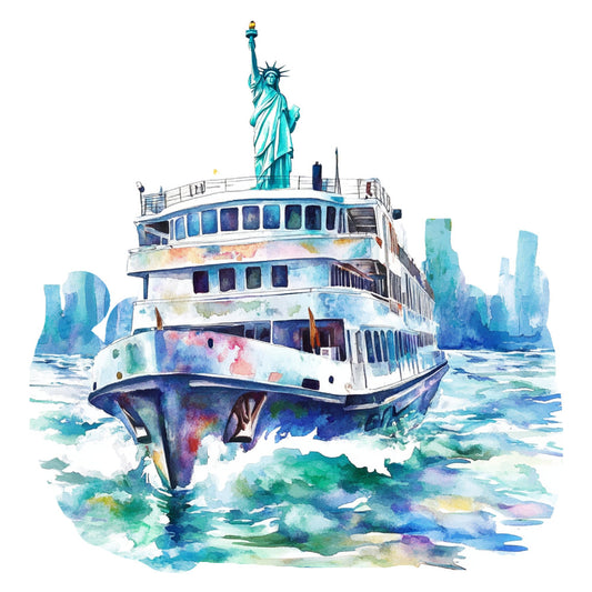 watercolor, nautical, statue of liberty, new york, cityscape, turquoise, teal, navy blue, coral pink, aqua, sky blue, white, abstract, impressionist, modern, whimsical, travel theme, iconic landmarks, urban, artistic, painted effect, boat, ferry, hudson river, patriotic, americana, vibrant colors, dreamy, contemporary, wanderlust